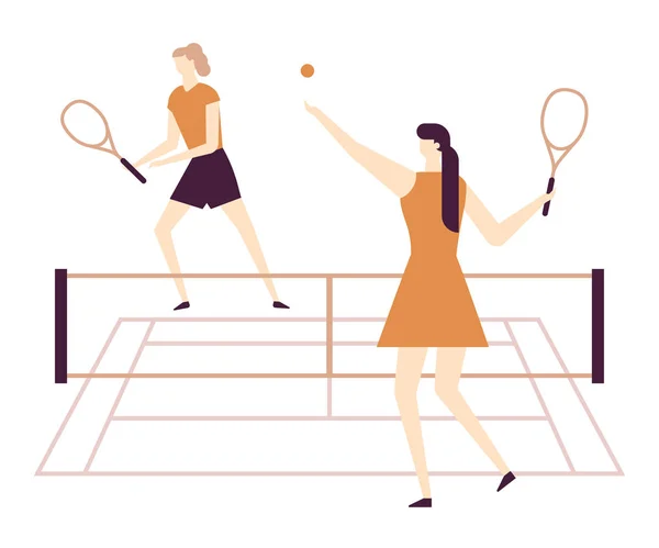 Chicas jugando al tenis - diseño plano estilo colorido ilustración — Archivo Imágenes Vectoriales