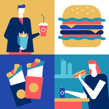 Fast food - düz tasarım stili renkli resimde