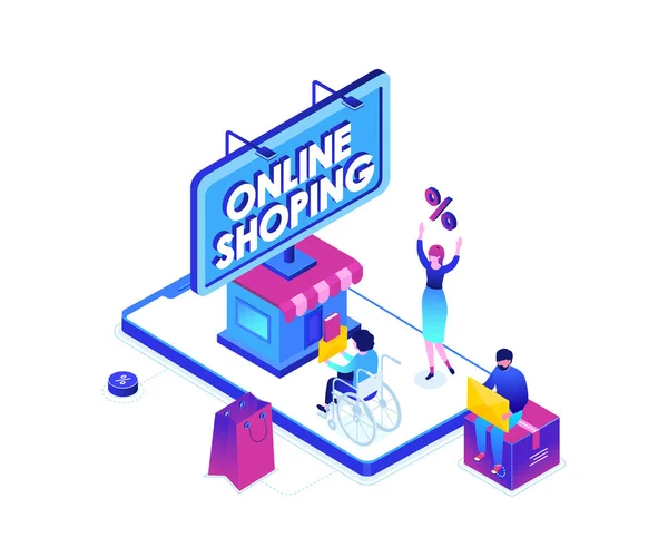 Compras online - moderna ilustração vetorial isométrica colorida — Vetor de Stock