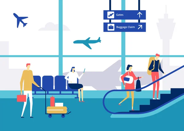 En el aeropuerto - diseño plano estilo colorido ilustración — Archivo Imágenes Vectoriales