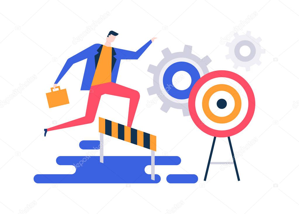 Goal Achievement Colorful Flat Design Style Illustration On White Background Unusual Composition With A Businessman Jumping Over Obstacles Hurdles On The Way To The Target Overcoming Difficulties Premium Vector In