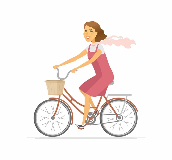 Κορίτσι με το ποδήλατο - σύγχρονη πολύχρωμο διάνυσμα καρτούν εικονογράφηση χαρακτήρων — Διανυσματικό Αρχείο