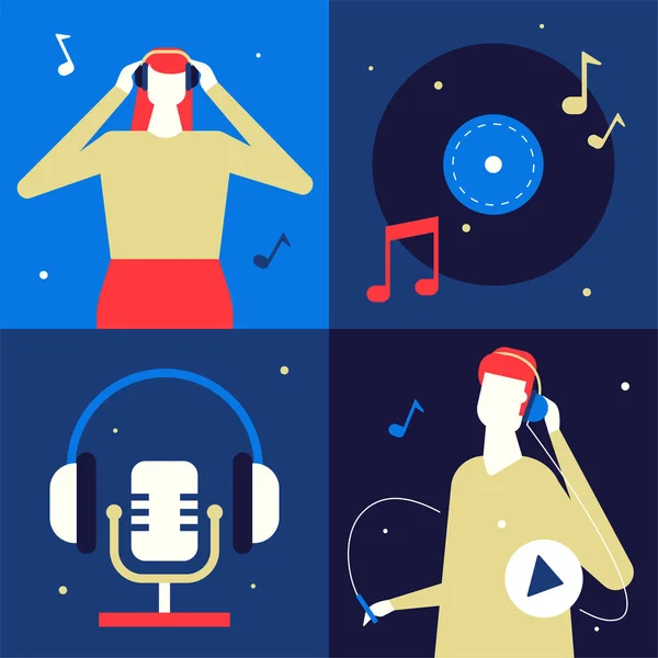 Listening to music - flat design style colorful illustration — Stock Vector