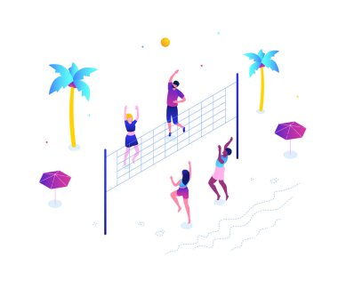 Plaj voleybolu - modern renkli izometrik vektör çizim