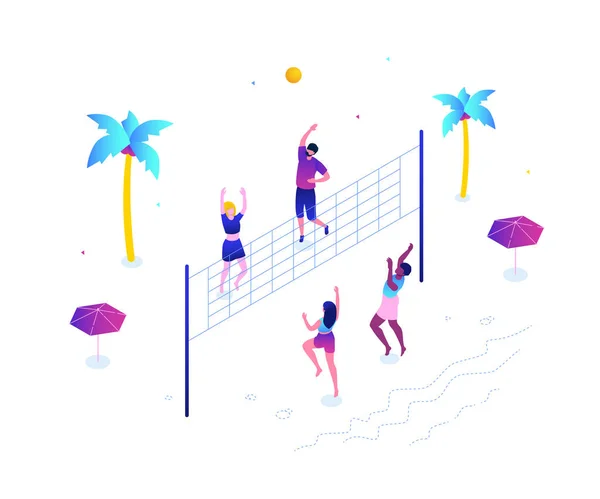 Voleibol de playa - ilustración moderna vector isométrico colorido — Archivo Imágenes Vectoriales