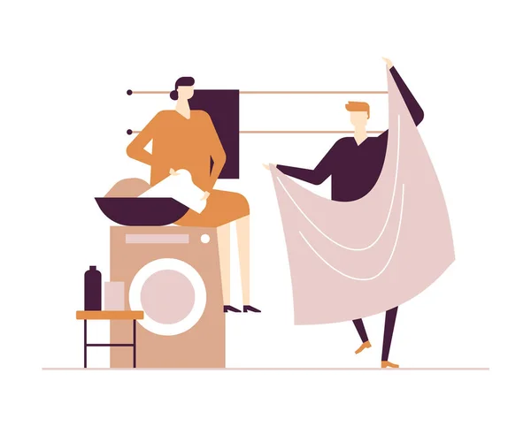 Casal fazendo lavanderia - estilo de design plano ilustração colorida — Vetor de Stock