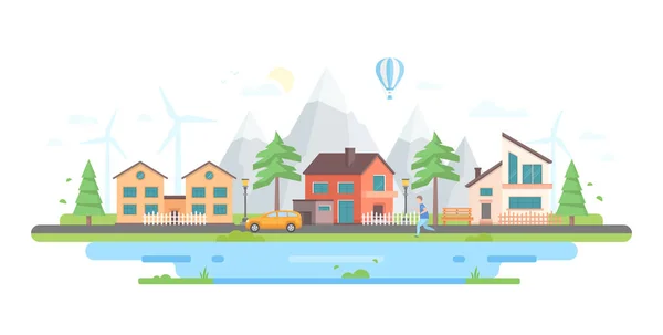 Town by the hills - modern flat design style vector illustration — Stock Vector