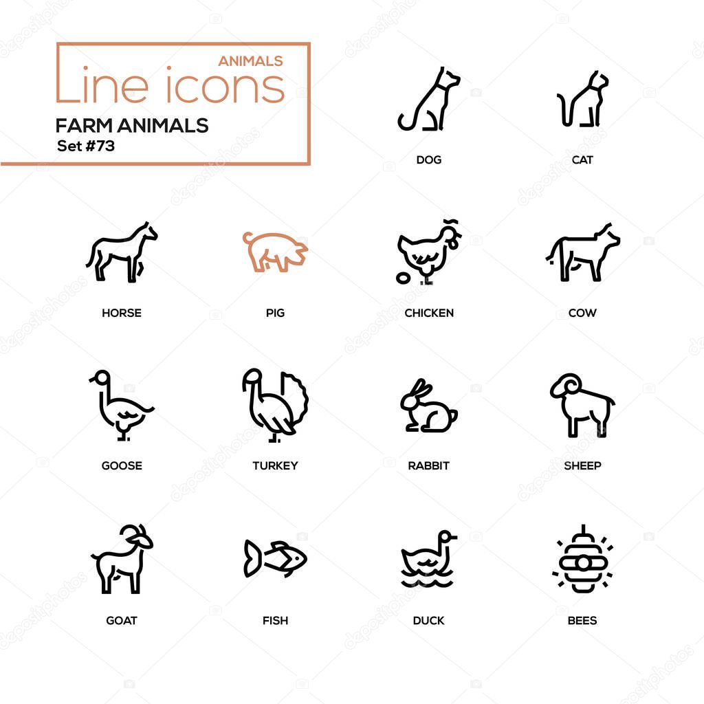Farm animals - line design style icons set