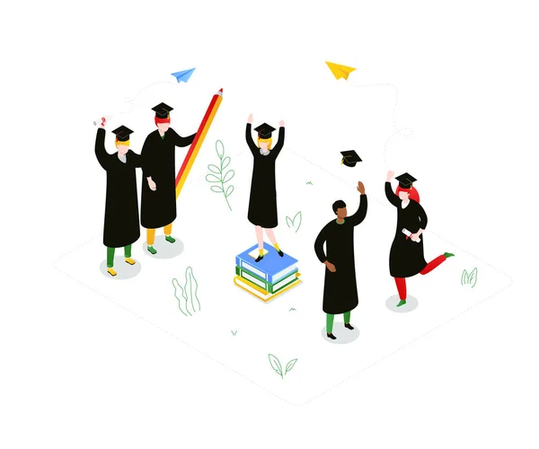 Konsep Wisuda - ilustrasi vektor isometrik modern yang berwarna-warni - Stok Vektor