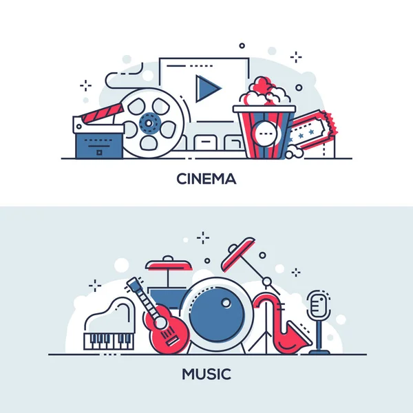 Cine y música - ilustraciones de estilo moderno de diseño de líneas — Vector de stock