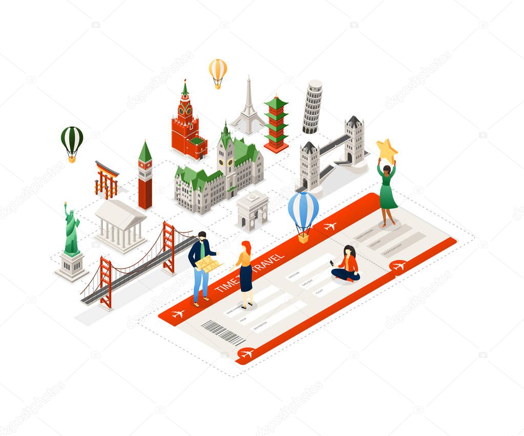 Time to travel - modern colorful isometric illustration