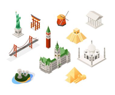 World famous landmarks - colorful isometric set of objects clipart