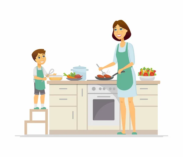 Anne ve oğul pişirme - karikatür insanların karakterleri illüstrasyon — Stok Vektör