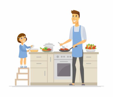 Baba ve kızı pişirme - karikatür insanlar karakter illüstrasyon