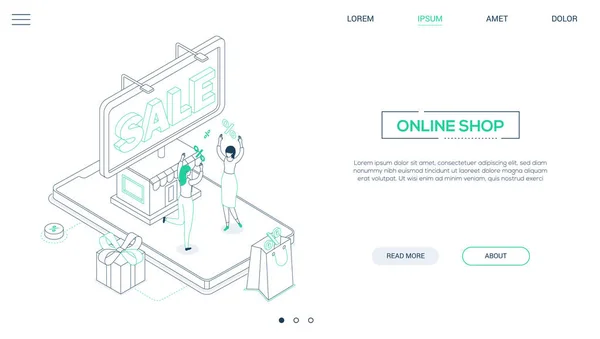 Online Shop-line design stílusú izometrikus Web Banner — Stock Vector