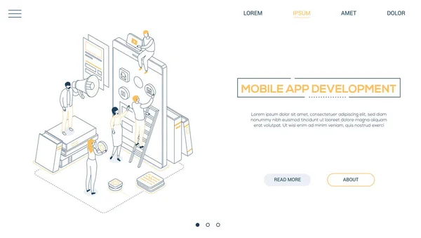 Desenvolvimento de aplicativos móveis - estilo de design de linha banner web isométrico — Vetor de Stock