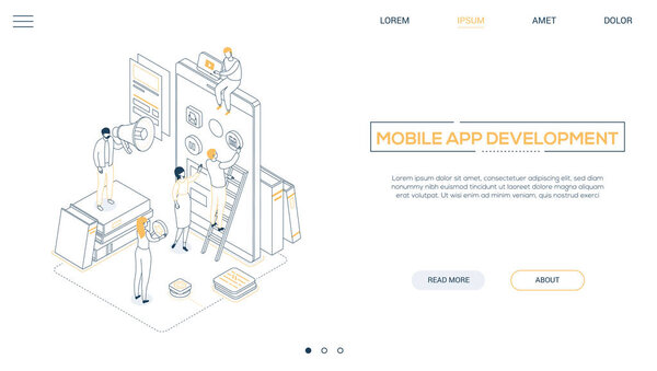Mobile app development - line design style isometric web banner