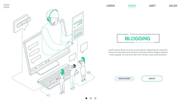 Blogging - banner web isométrico de estilo de diseño de línea — Archivo Imágenes Vectoriales