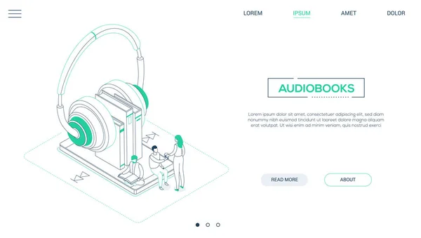 Audiolibros - banner web isométrico de estilo de diseño de línea — Vector de stock