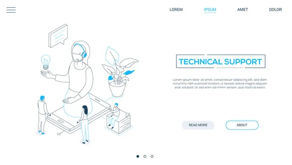 기술 지원 - 라인 디자인 스타일 아이소메트릭 웹 배너 — 스톡 벡터