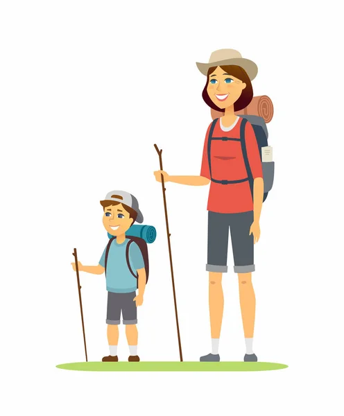 Mère et fils vont camper - dessin animé personnages illustration — Image vectorielle