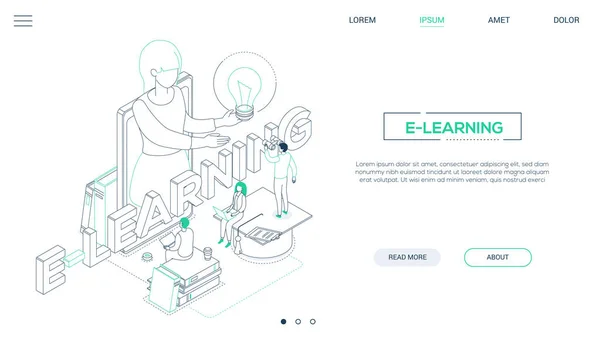 E-러닝 컨셉 - 라인 디자인 스타일 아이소메트릭 웹 배너 — 스톡 벡터