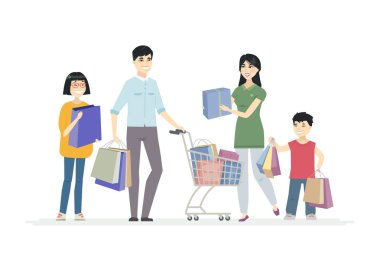 Mutlu Çinli aile alışveriş yapıyor - karikatür insanlar karakter illüstrasyon
