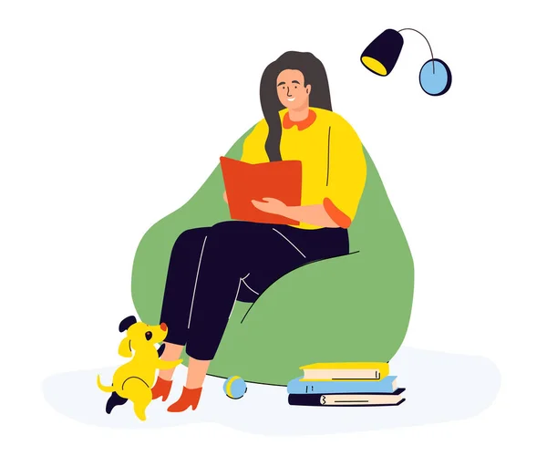 Mulher lendo em casa - ilustração de estilo de design plano colorido moderno — Vetor de Stock