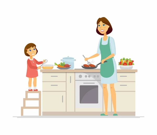 Mother and daughter cooking - cartoon people characters illustration — Stock Vector