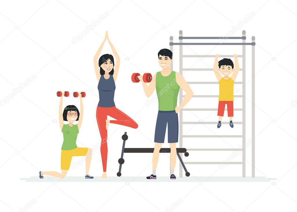 Chinese family at the gym - cartoon people characters isolated illustration