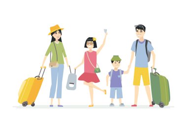 Çinli aile tatile gidiyor-karikatür insanlar karakter illüstrasyon