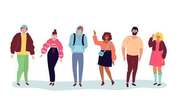 Симпатичные подростки - современные колоритные персонажи в стиле плоского дизайна
