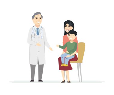 Doktorlarda Çinli aile - karikatür insanlar karakter illüstrasyon