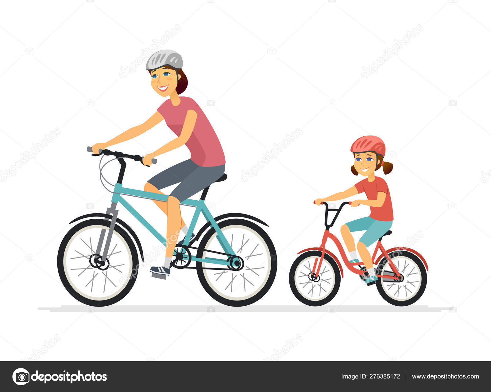 母と娘サイクリング 漫画の人々のキャラクターイラスト ストックベクター C Boyko Pictures