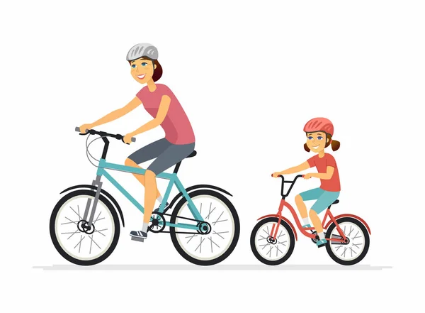 Madre e figlia ciclismo - persone cartone animato personaggi illustrazione — Vettoriale Stock