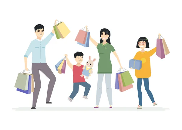 Família chinesa feliz gosta de fazer compras - desenhos animados personagens ilustração — Vetor de Stock