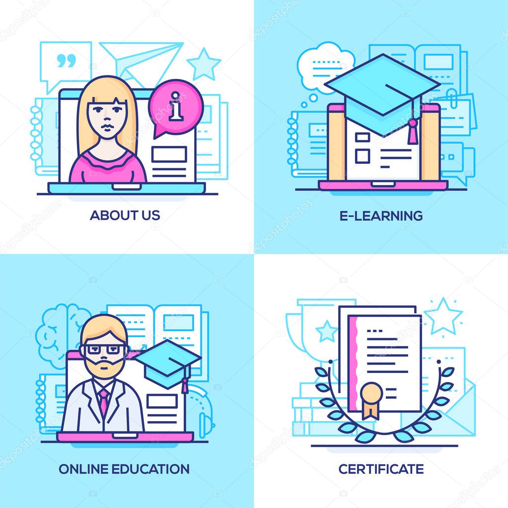 Business and online education - set of line design style colorful illustrations