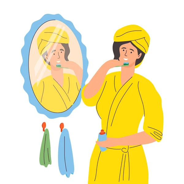 Женщина чистит зубы - красочная иллюстрация в стиле плоского дизайна — стоковый вектор