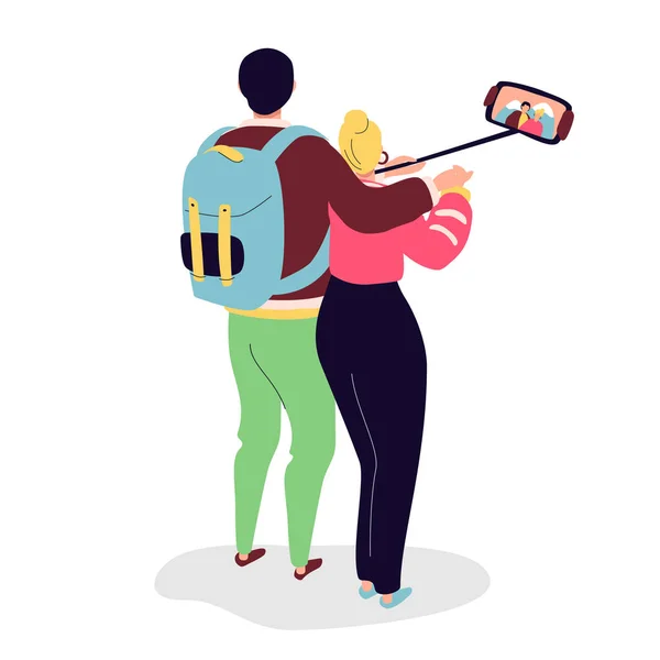 Pareja feliz haciendo selfie - ilustración colorida del estilo del diseño plano — Vector de stock