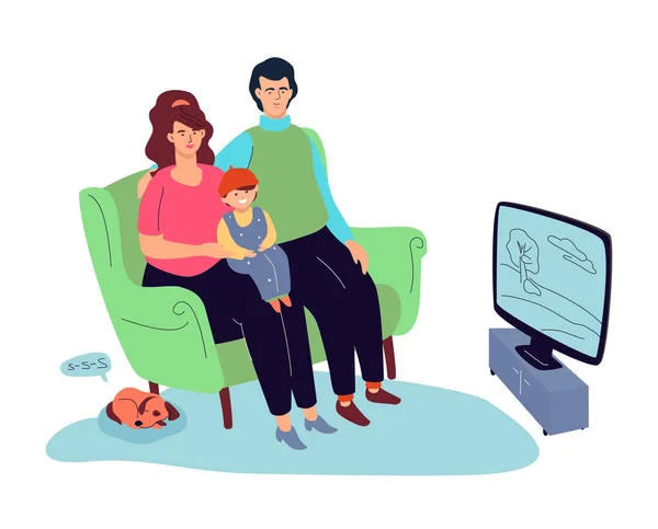Rodina, která se dívá na TV-barevný plochý design, ilustrace — Stockový vektor