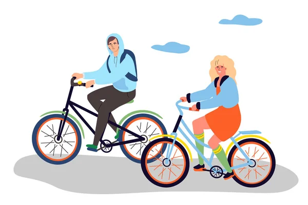 Ragazzo e ragazza ciclismo - disegno piatto stile colorato illustrazione — Vettoriale Stock