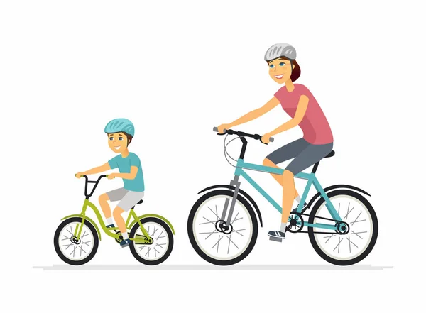 Madre e figlio ciclismo - personaggi dei cartoni animati illustrazione — Vettoriale Stock