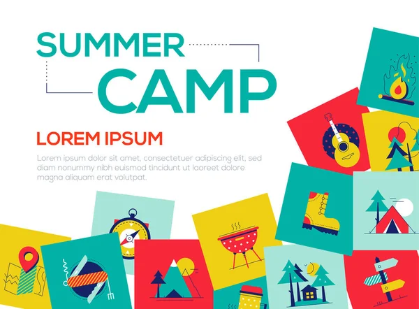 Acampamento de verão - banner de web estilo de design plano colorido —  Vetores de Stock