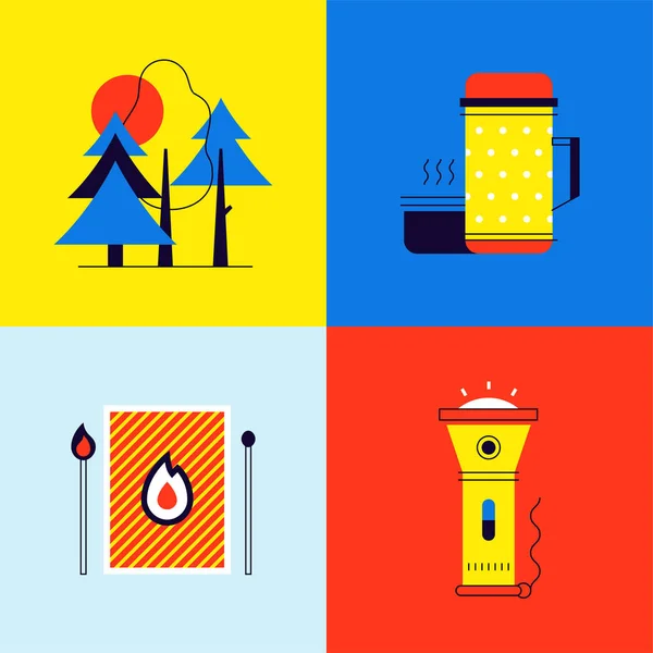 Turismo y camping - coloridos elementos de diseño plano de estilo — Archivo Imágenes Vectoriales