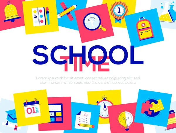 Tempo di scuola - banner web colorato in stile flat design — Vettoriale Stock