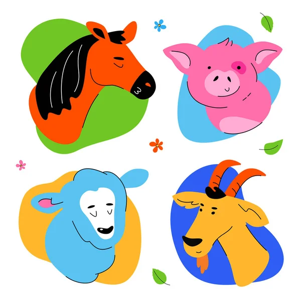 Lindos retratos de animales de granja - conjunto de personajes de estilo de diseño plano — Vector de stock