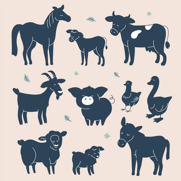 Schattige boerderij dieren silhouetten-plat ontwerp stijl set van personages — Stockvector