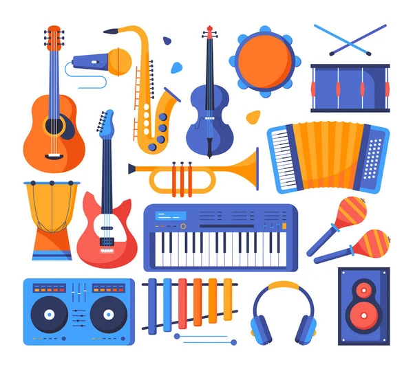Instrumentos musicales - objetos de diseño plano colorido — Archivo Imágenes Vectoriales