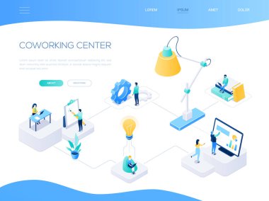 Coworking center - renkli isometrik vektör web banner