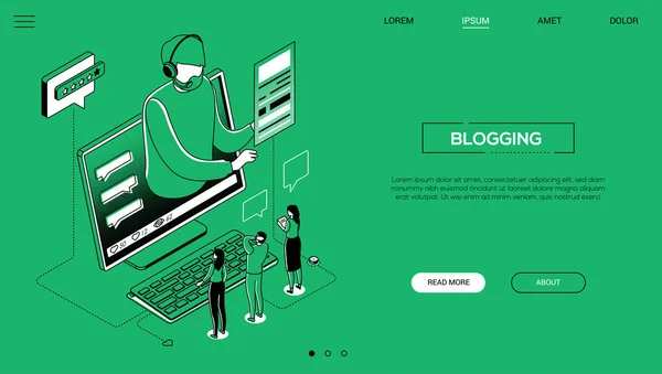 Blogging - banner web isométrico de estilo de diseño de línea — Archivo Imágenes Vectoriales